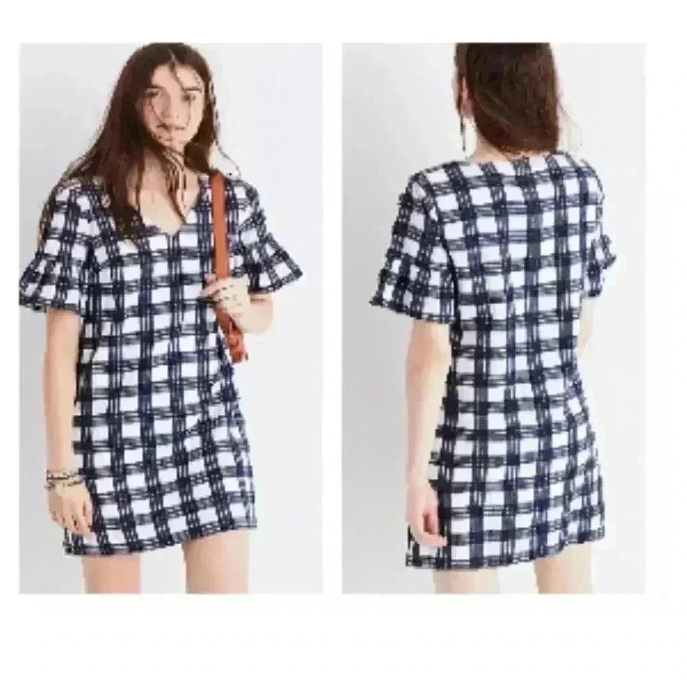 Madewell women’s Bell ruffle Sleeve mini Dress in Leighton Plaid blue/white sz 4